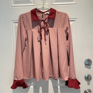 English Factory Pink Maroon Smocked Blouse, Size Small ArtistLong Sleeve Pleated